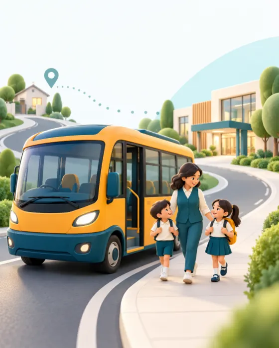 Wayzi illustration: a school bus and a bus nanny walking two children to their school
