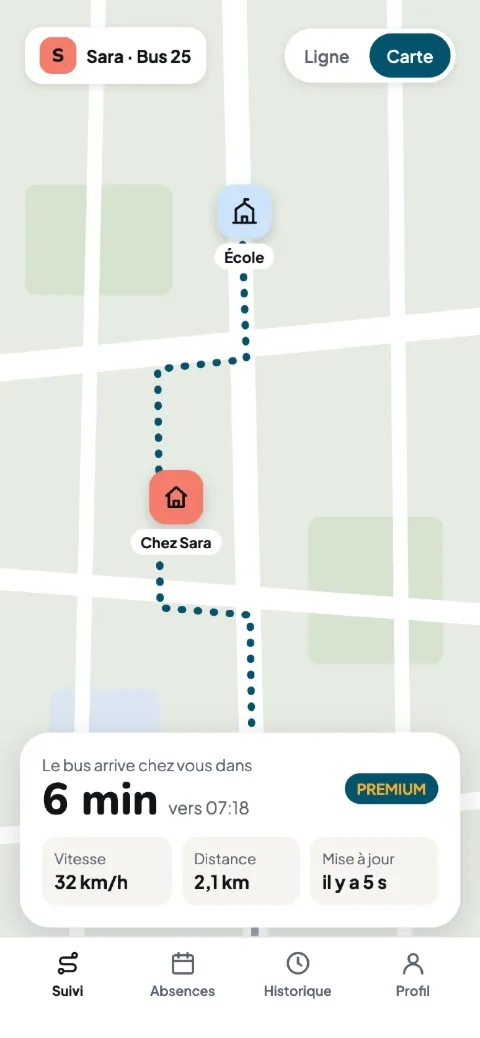 Preview of the parent app: map of the journey